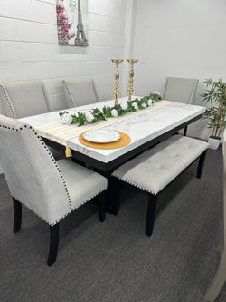 6 Pc Dining Set.  Faux Marble Dining Table White Marble Top Black Wood Finish.    ☎️📲🔥(213)713-74-89.    Comedor De 6 Piezas Nuevo En Caja