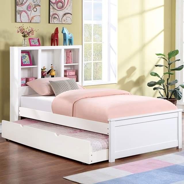 WHITE FINISH TWIN OR FULL SIZE BOOKCASE HEADBOARD TRUNDLE BED - CAMA MATRIMONIAL SENCILLA - KIDS FURNITURE