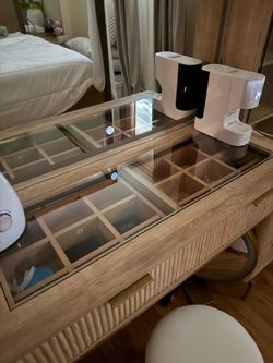 Vanity Desk with Lighted Mirror natural wood color