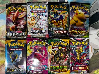 Pokémon TCG Booster Packs - Evolving Skies, Prismatic Evolutions, Fusion Strike, Crown Zenith, Lost Origin, Vivid Voltage, Rebel Clash, and Sun & Moon