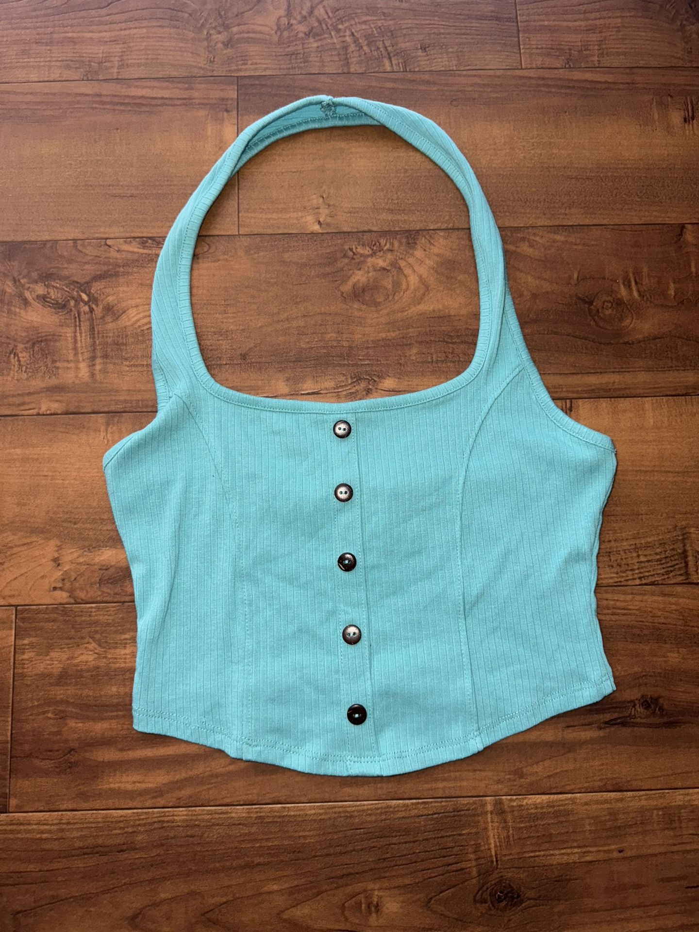 Bozzolo Turquoise Ribbed Halter Crop Top π Y2K Corset Style Tank π Tagged L Fits S/M β Soft Stretchy Summer Festival Streetwear Look