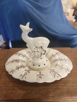 Vintage Ceramic Deer Flower Frog Dish