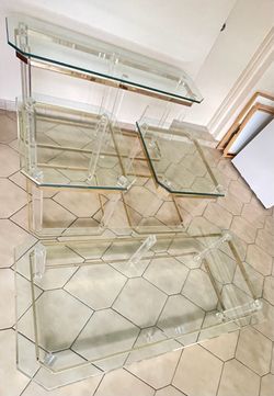 Vintage 70s Hollywood Regency Lucite Brass & Glass Tables Set of 4