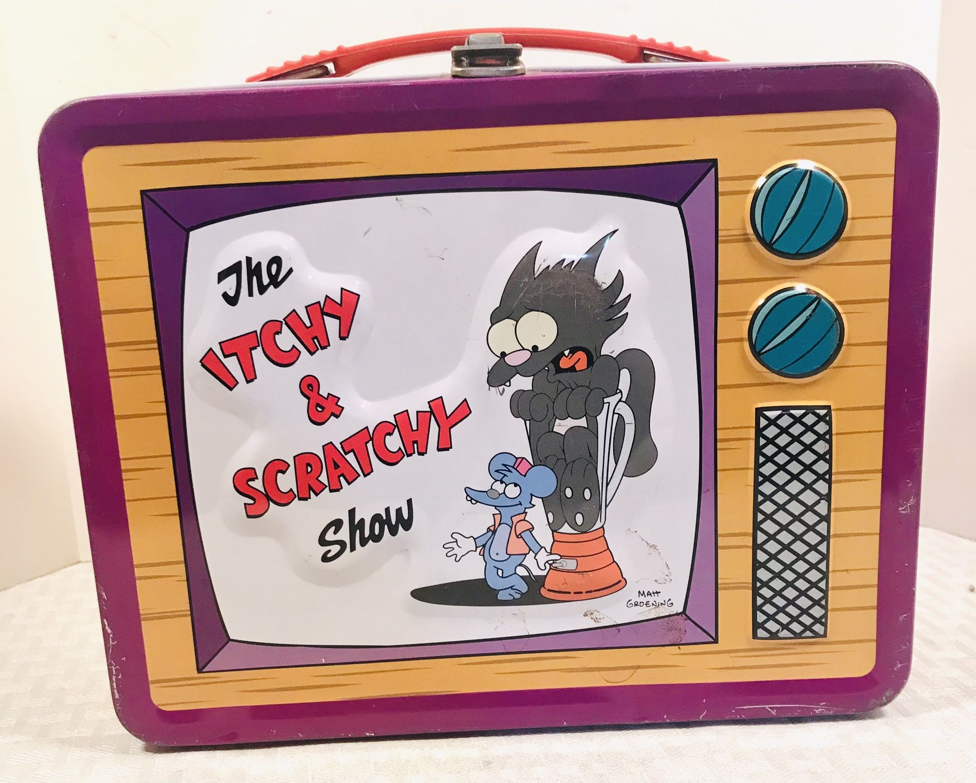 Rare 2001 NECA The Simpson Itchy & Scratchy TV Show Metal Tin Lunchbox