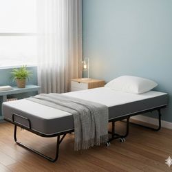 E-Folding Bed with Mattress-5 Inch Memory Foam Mattress, 75" x 38" Twin Size Portable Guest Bed with Steel Frame & Lockable Wheels for Adults, Home, O