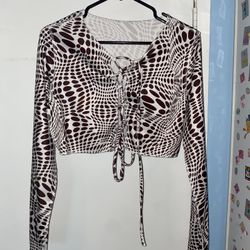 Shein Long Sleeve Brown/white Front Tie Size Large