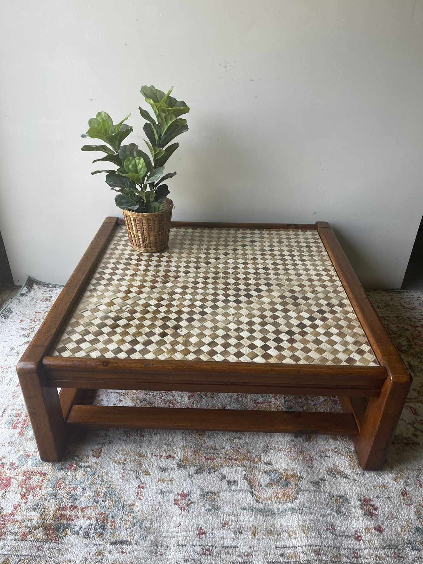 Vintage Mid Century Coffee Table With Wood Accents On Top