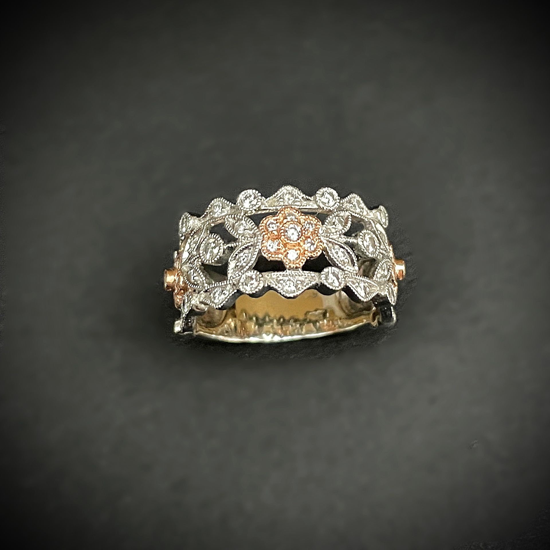 Market Square Jewelers TWO TONE 14k White Gold FLORAL DIAMOND COCKTAIL BAND