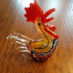 GORGEOUS Pair of 1980s Multicolor Art Glass 8" Rooster Figurines.
