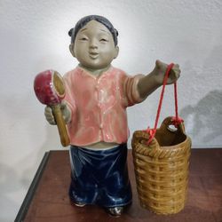 Vintage China Mud Clay Pottery Figurine Ceramic Glazed GIRL with Basket ;6 inch Tall.