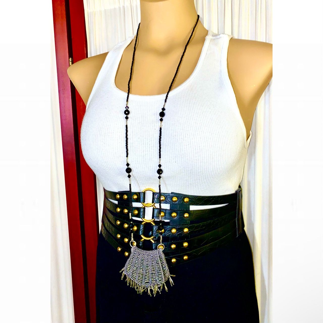 Long Beaded Necklace w/ Hand Beaded & Crocheted Medicine Bag Amulet Totem Pouch