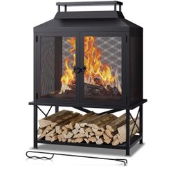 Brand New In The Box- Fire Pits for Outside Wood Burning - 39" H Square Metal Outdoor Chiminea Fireplace with Grill, Mesh Spark Screen & Fire Poker, I