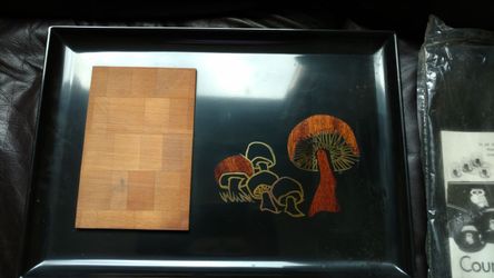 Two Vintage Couroc inlaid mushroom trays