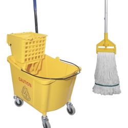 Midoneat Commercial Mop Bucket with Side Press Wringer on Wheels, Including One Commercial Mop (no Head), 35 Quart, Yellow
