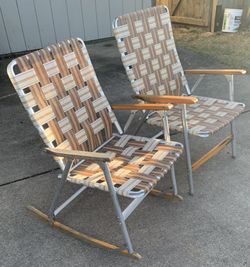 Vintage Webbed Lawn Chairs With Wood Arms