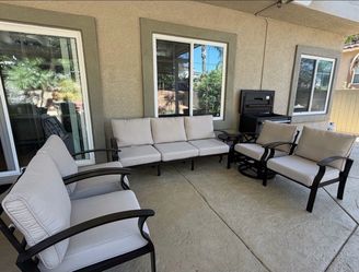 Barely used, like NEW. Halmuz 7-Seat Aluminum Patio Conversation Set with armrest, Swivel Rocking Chairs and Sand Cushion