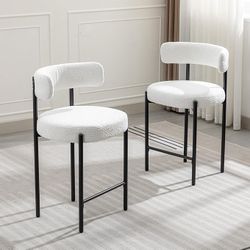 Counter Height Bar Stools, 24'' White Bar Stools Set of 2, Boucle Barstools with Back, Mid-Century 