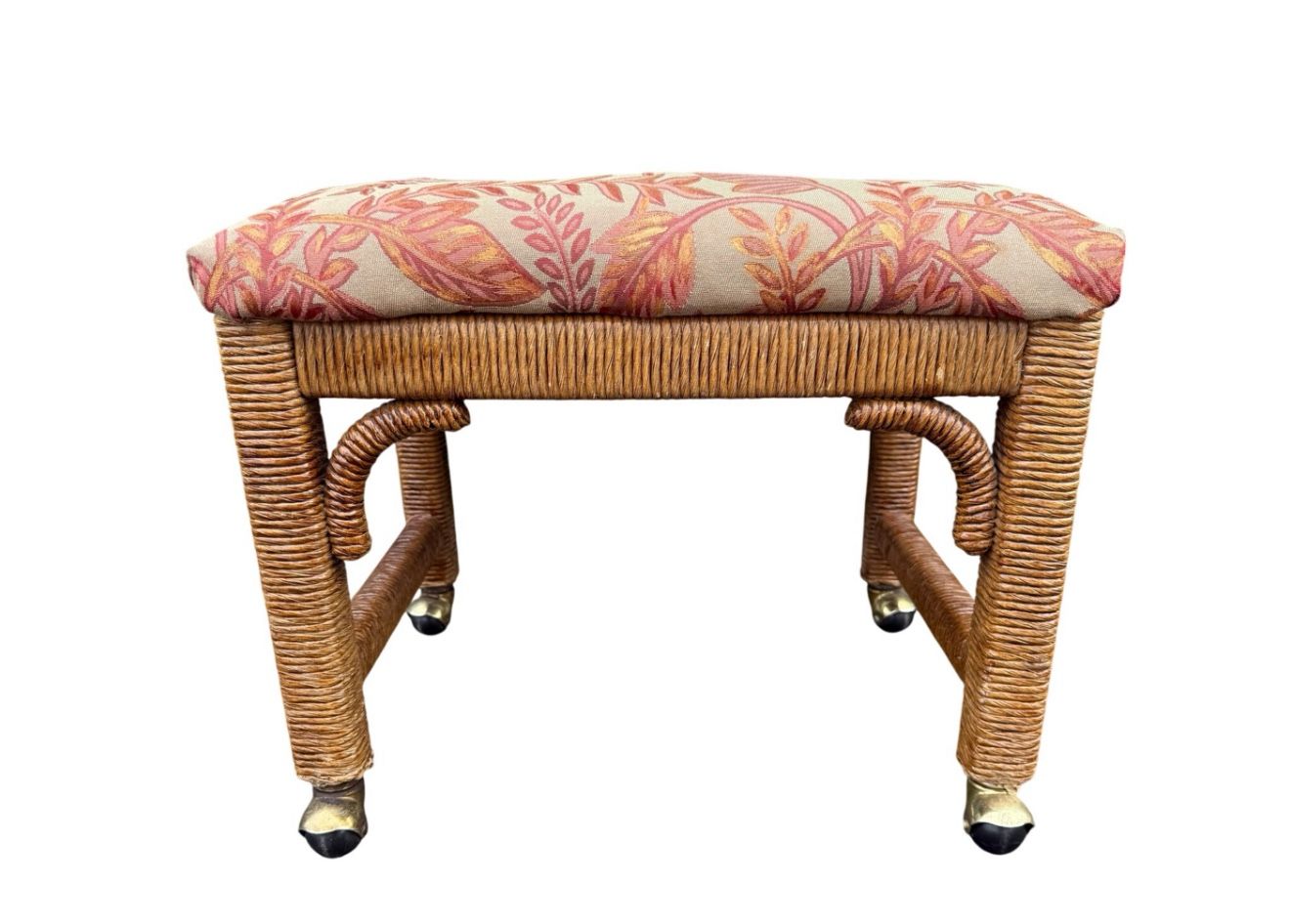 Vintage Henry Link Wicker Rolling Footstool Bench Floral Upholstered Coastal