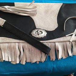 Leather Fringed Black And Pearled Bling/Beige Clutch With Wristlet Made In USA