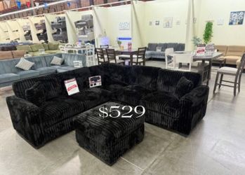 Beautiful 4-Pc Black Fur-Like Jumbo Corduroy Sectional Sofa With Ottoman