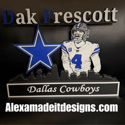 Custom Fan made Cowboys QB Desktop Display 3D Printed with Dallas Skyline Backdrop