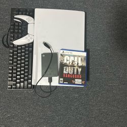 Ps5 disc version, Redragon K552 Mechanical Gaming Keyboard, 1 terabyte of storage, and controller.