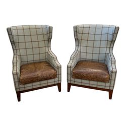 2 Soft Green Wingback Chairs Reversible Leather Seat Cushion