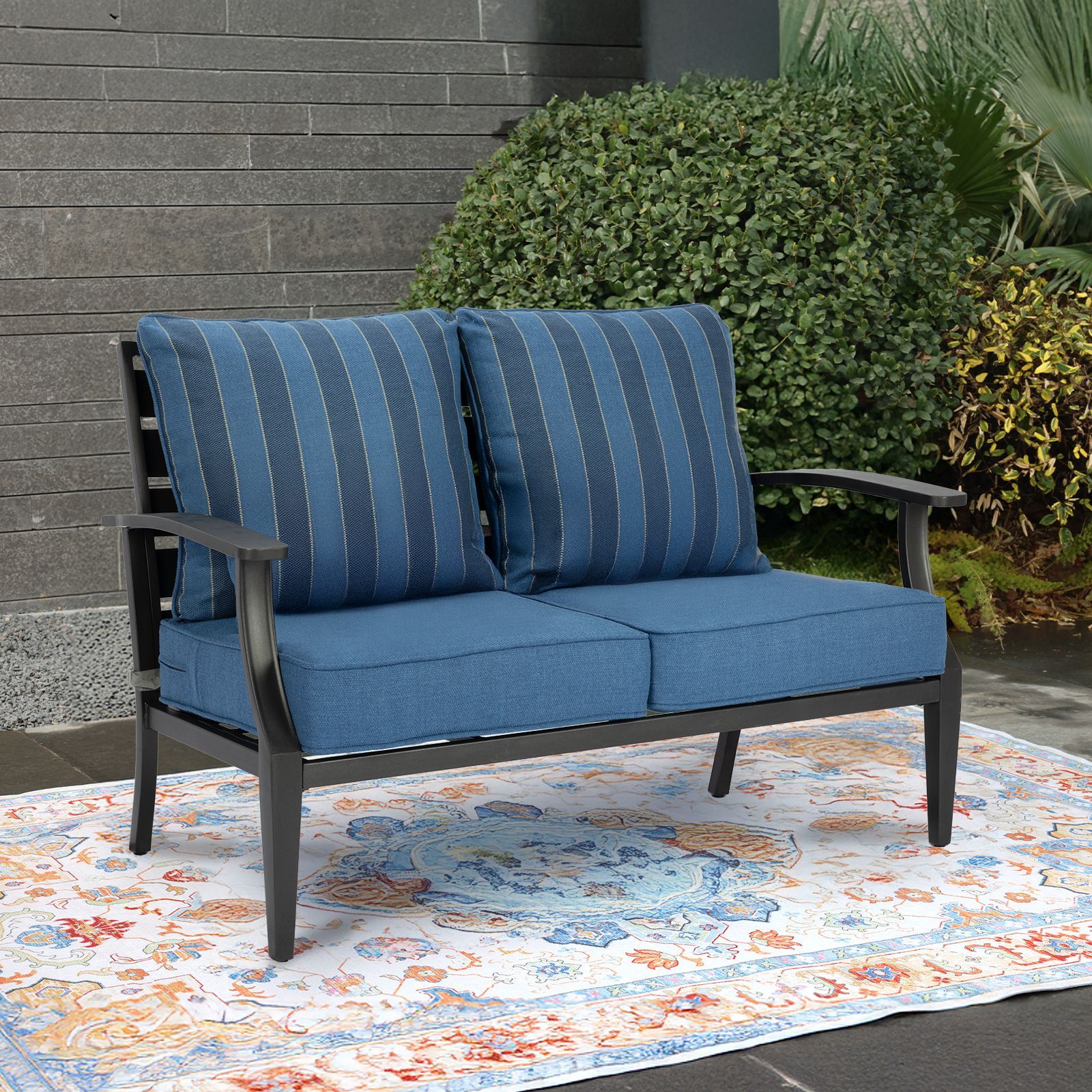 Patio Deep Chair Cushion, 2 Back 2 Seater 2 Pillow, Dark Blue Stripe