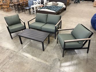STYLE SELECTIONS Cave Hill Olive and Black Steel 4 Piece Patio Conversation Set with Wook-Look Arm Caps and Coffee Table (Set of 4)