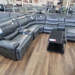 New 7pc Power Sectional In Grey Air Leather 