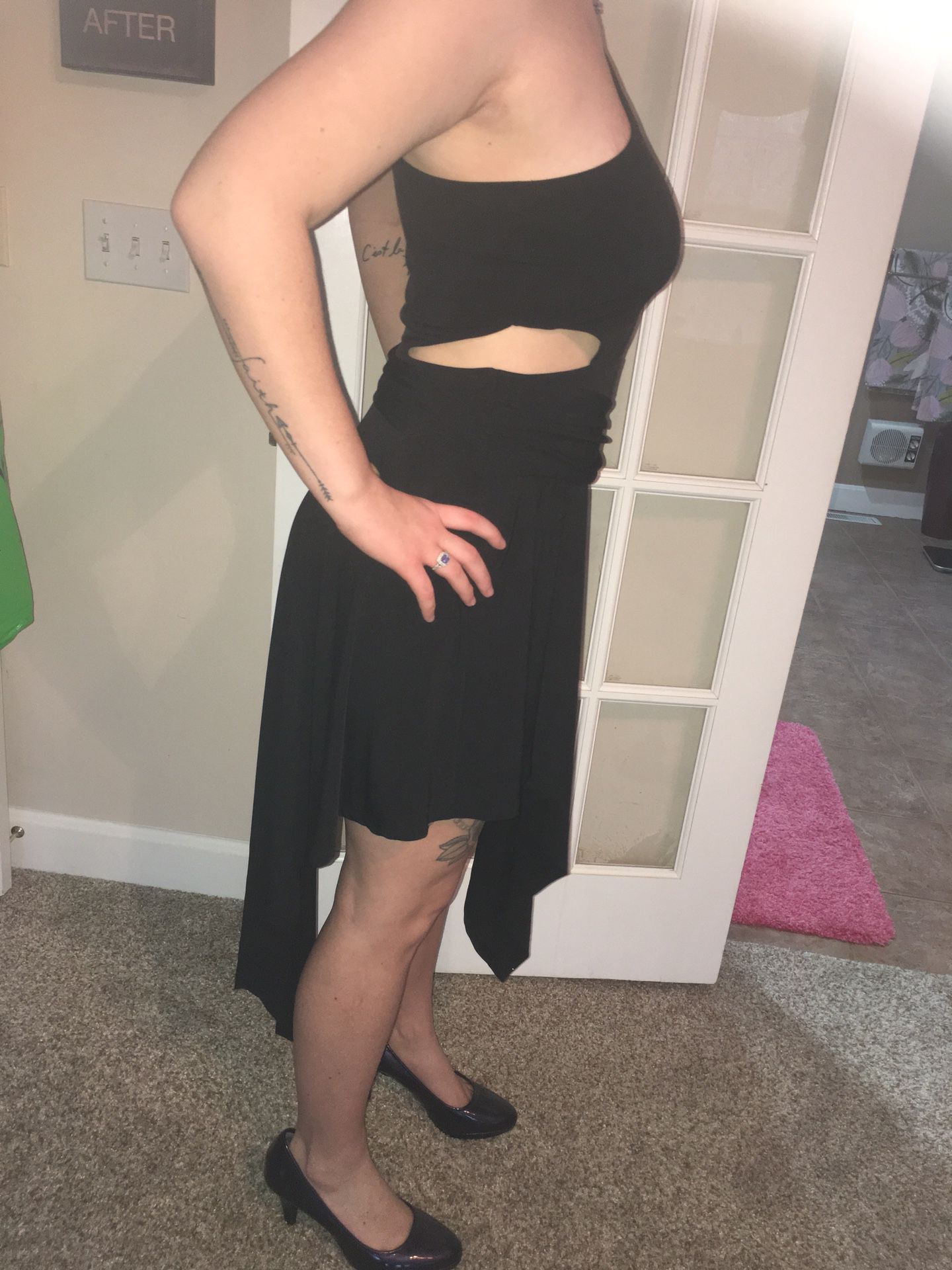 Sexy black, handkerchief dress with waist cutout