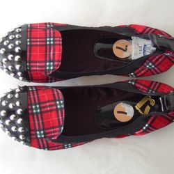 Red Plaid Flats Shoes With Metal Spike Toes Punk