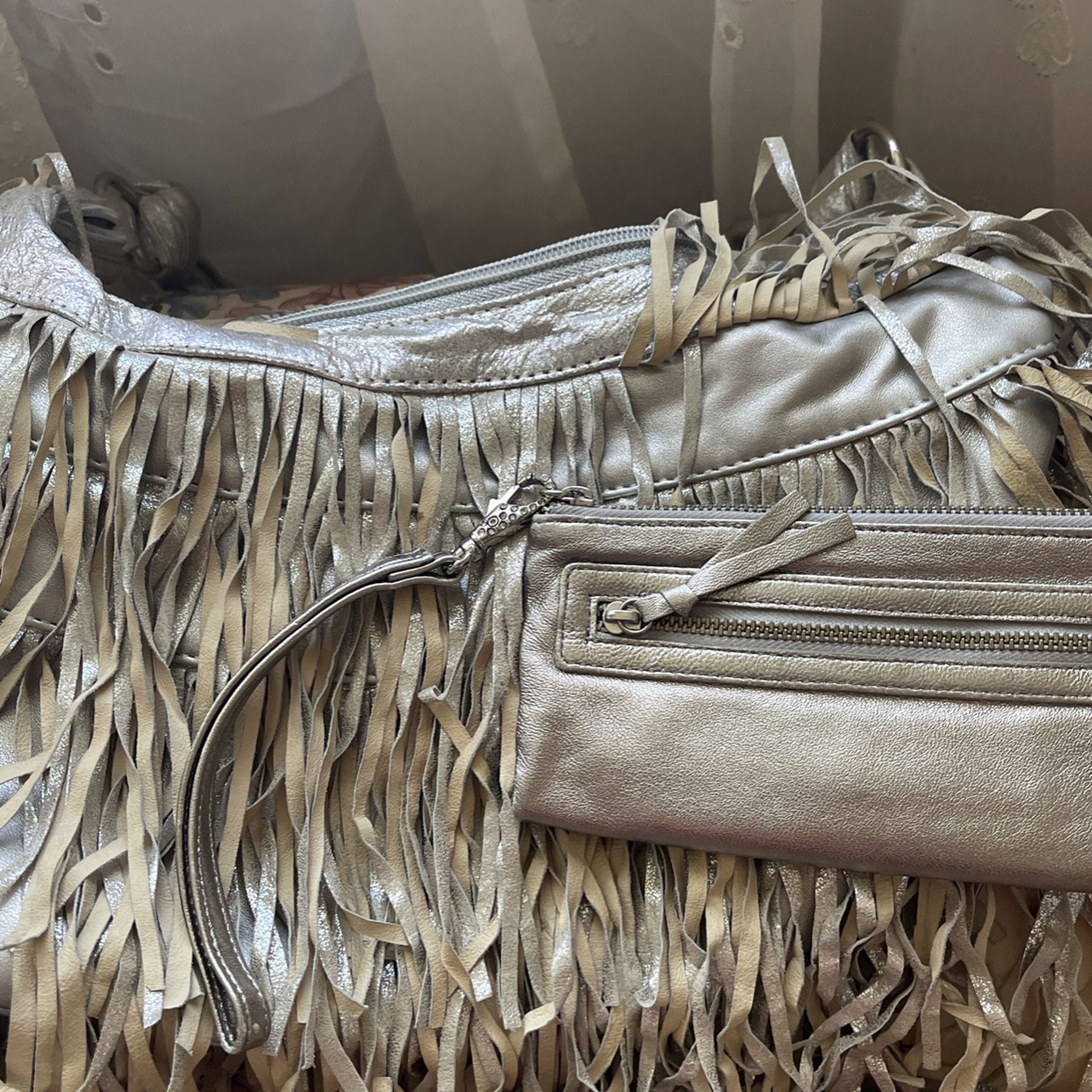 Bebe Silver Gold Fringed Bag With Inside Purse