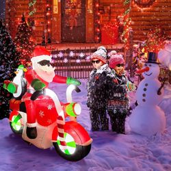 6ft Long Christmas Outdoor Decorations, Inflatable Santa Claus and Penguin with Gift Drive Motorcycle, Built-in 8 pcs LED Lights, All-Weather 