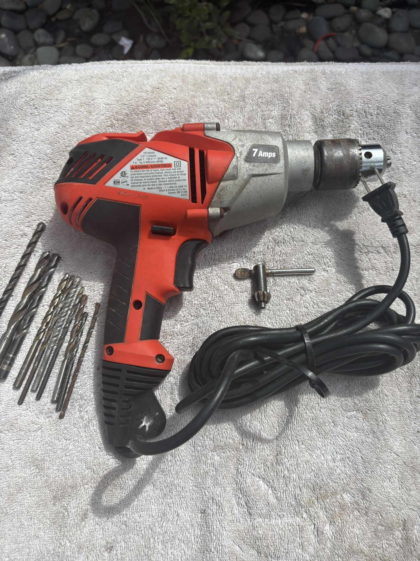 Black & Decker 7 Amp Fire Storm 1/2” Drill Kit-FS7000D-Like New, Chuck Key, Bits, 10’ Cord.