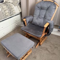 Dutailier Wooden Sleigh Glider Reclining Chair With Ottoman Set. Gray Cushions Included.