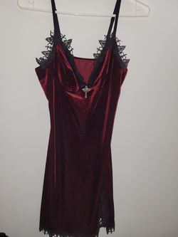 Burgundy Velvet Slip Dress Black Lace Trim Size M