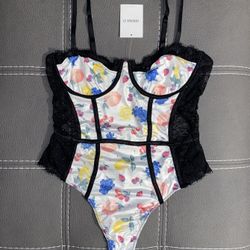 New FOREVER 21 Bodysuit Lingerie XL Fruit Print Lace Open Back Thong. 