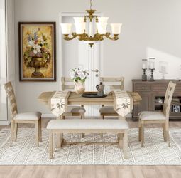 6Pc Natural Wood Dining Set - 60" Rubber Wood Dining Table  / 4-Dining Chairs / Bench  (Natural Wood Wash) [NEW]    <Assembly Req> 