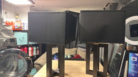 Black Square Table Lamps with Wooden Base – Set of 2