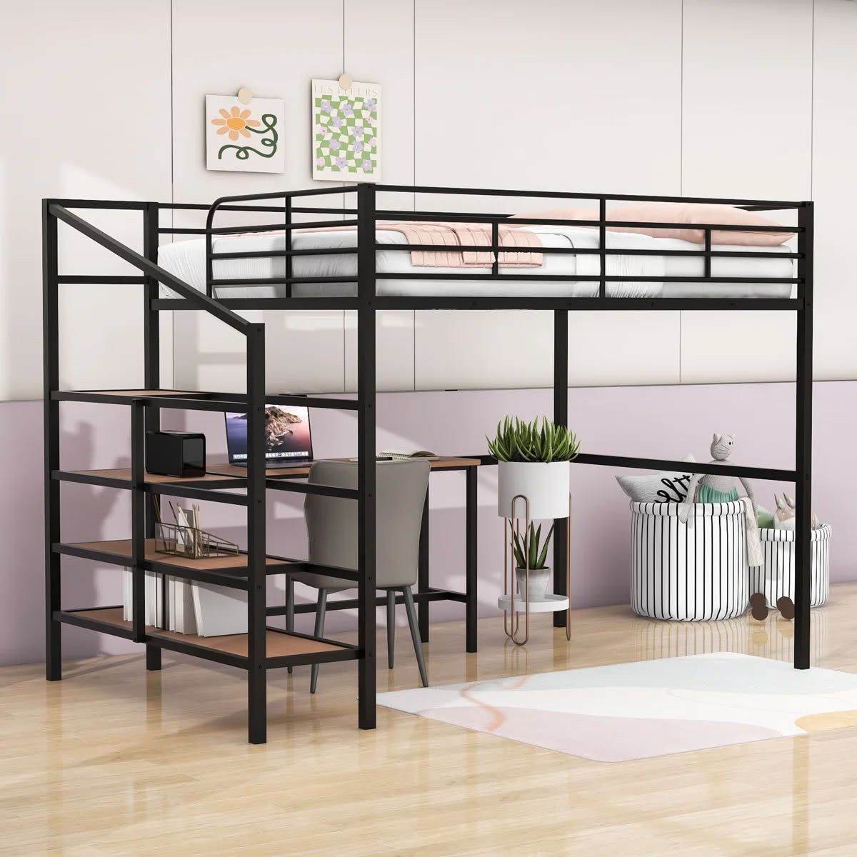 Full Metal Loft Bed with Desk & Stairs