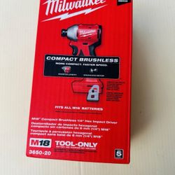 Milwaukee 3650-20 M18 18V 1/4" Compact Brushless Hex Impact Driver - Bare Tool