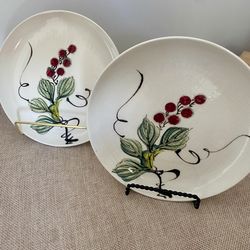 The MCM KANEDAI Japan Hand Painted 8" Grape Vine Salad Dessert Plates are a vintage set of two round stoneware plates featuring a beautiful grape vine