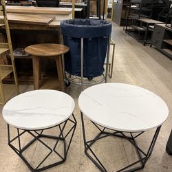 VASAGLE Small Coffee Table Round w/ Steel Frame Set of 2 - Marble White / Ink Black