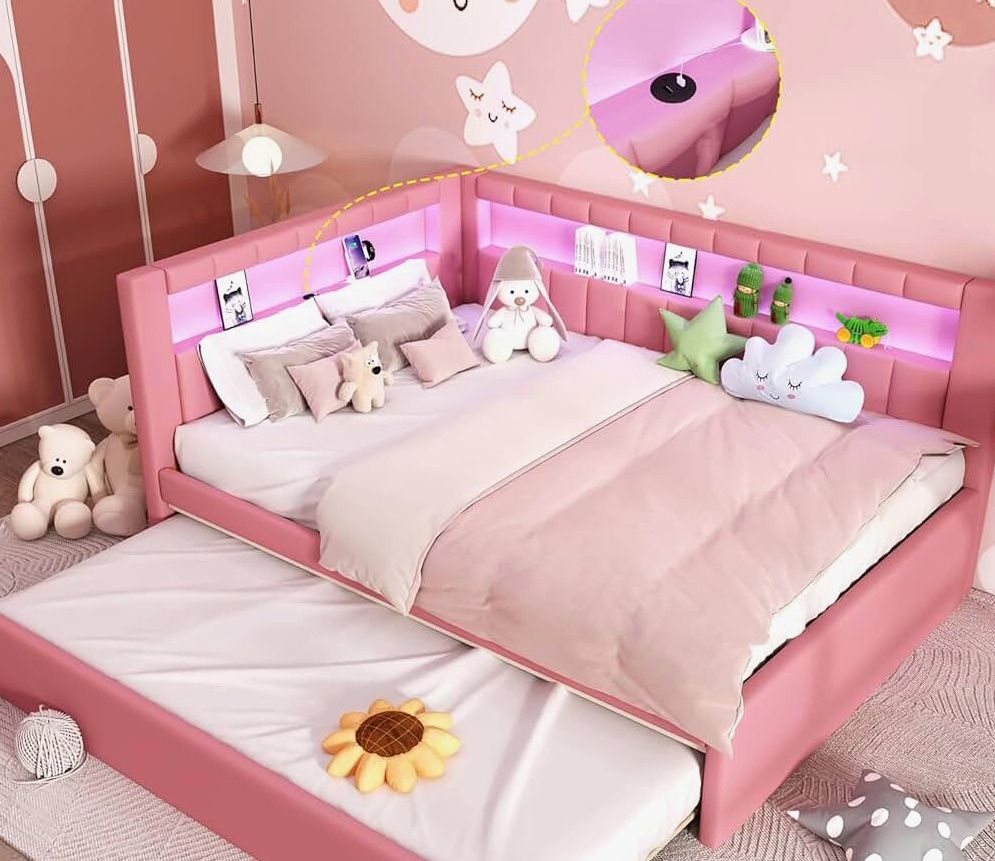 Pink LED Full Size Day Bed w/ Trundle
