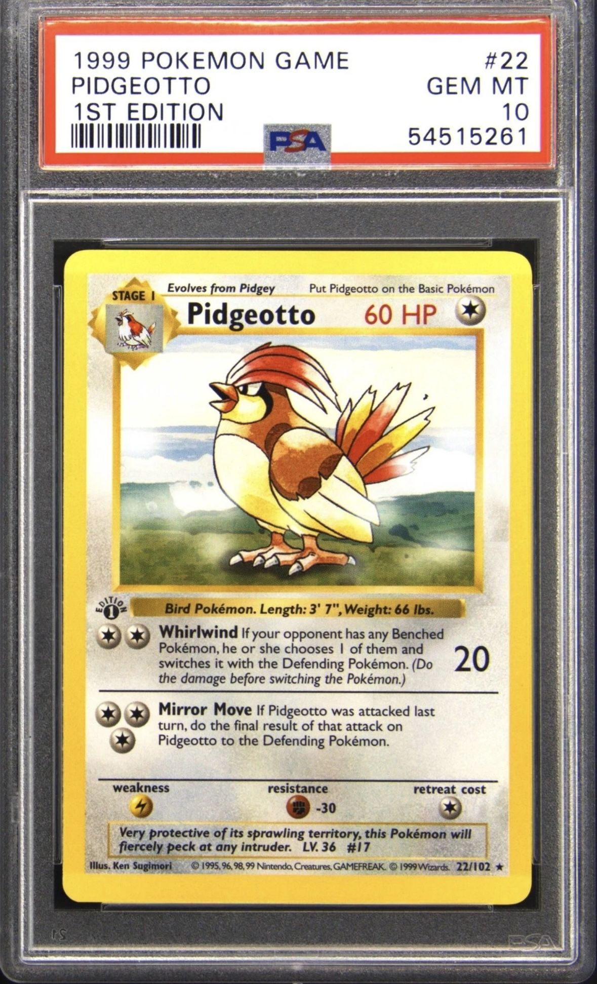 1999 1st Edition Shadowless Base Set Pidgeotto #22 PSA 10 Gem Mint Pokemon Card