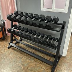 Brand New 5-50lb Rubber Hex Dumbbell Set With 3 Tier Dumbbell Storage Rack | DELIVERY AVAILABLE 🚚 CREDIT & FINANCING AVAILABLE | RUBBER HEX DUMBBELLS