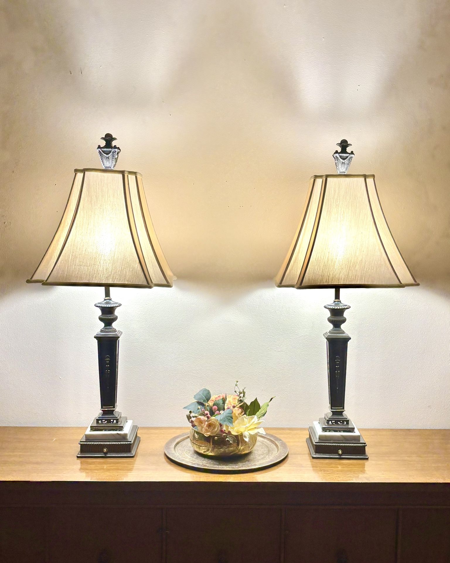 Pair of Vintage Brass & Marble Lamps – Fully Staged, 37" – Classic Architectural Elegance