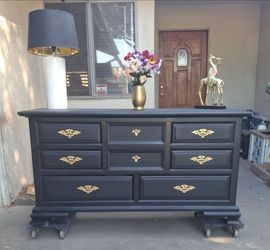 Black 8 Drawer Solid Wood Dresser- Black with Gold