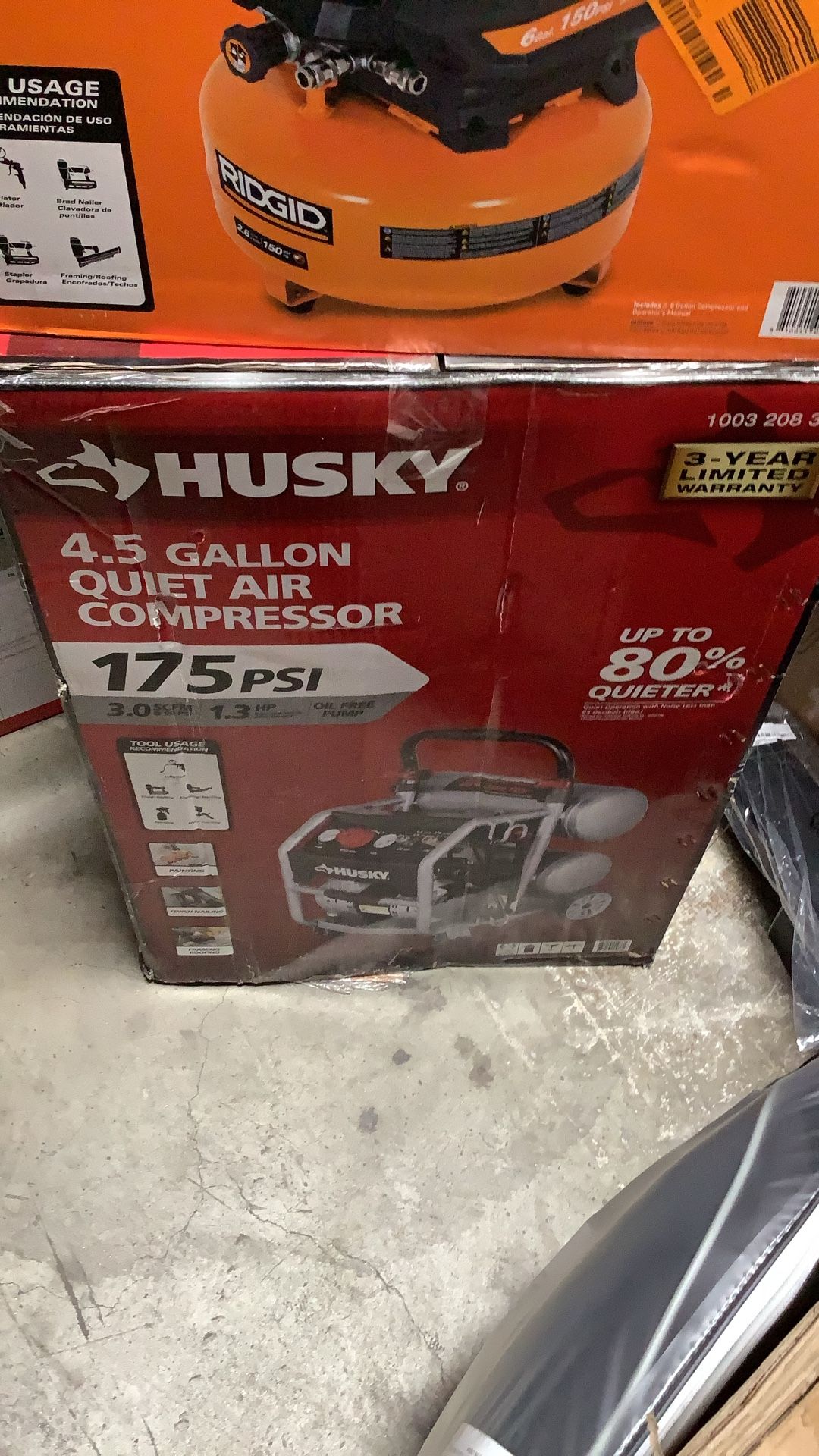 Husky 4.5 Gal. 175 PSI Portable Electric Oil-Free Quiet Twin Stack Jobsite Air Compressor w/Rubber Wheels and 2-Quick Couplers